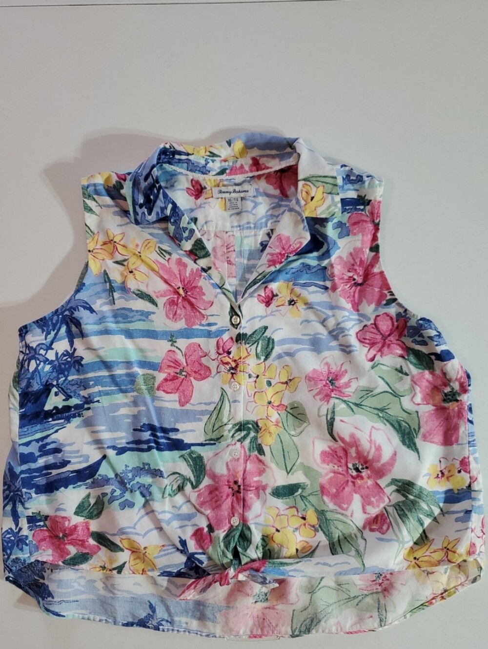 Tommy Bahama XL Linen Multicolor Tropical Floral Sleeveless Button Front Blouse